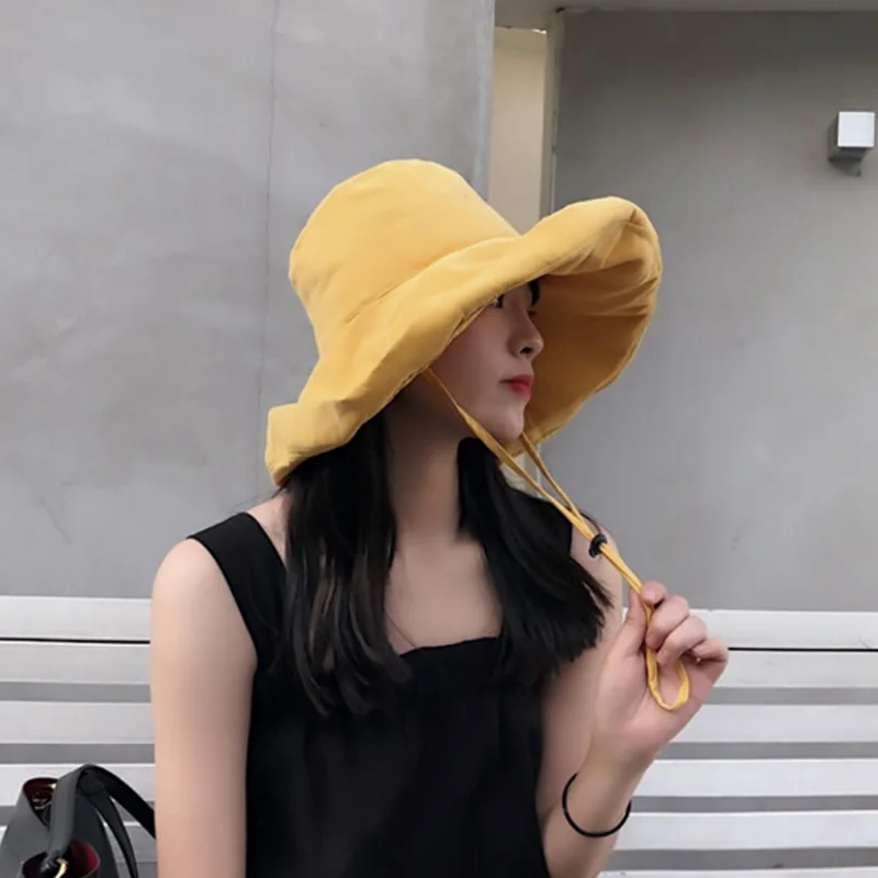 Hot HG-Beach Hats Women Summer Large Wide Brim Foldable Sun Hat Chapeau Female Girl Plain Anti-Uv Sun Visor Floppy Hat Yellow