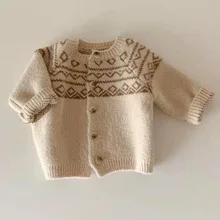 New Baby Retro Pattern Casual Sweater Boys Knit Cardigans Coat Newborn Knitwear Toddler Long Sleeve Cotton Baby Jacket