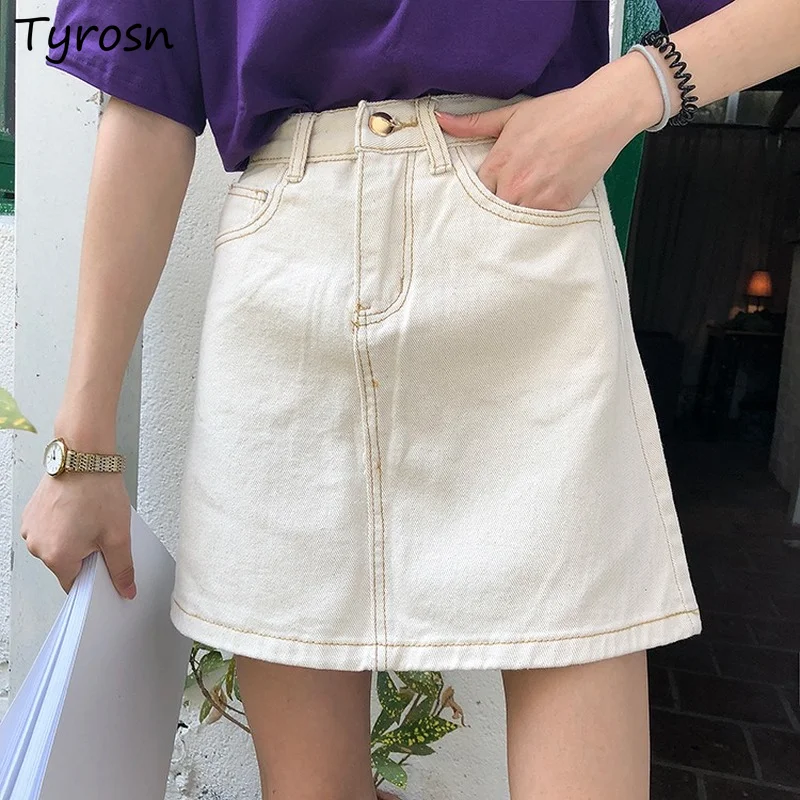 

Denim Mini Skirts Women Simple Ulzzang All-match OL Solid Casual Vintage Streetwear Students High Waist Above Knee Faldas Hip