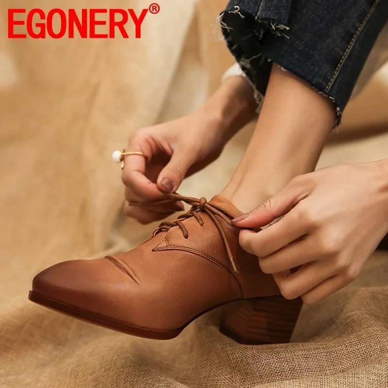 

EGONERY spring new fashion women pumps outside mid heels round toe handmade genuine leather cross-tied women shoes drop shipping