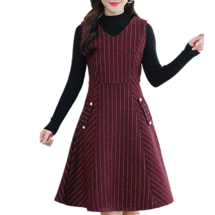 

New arrival autumn winter plaid woolen vest dress women v-neck slim a-line striped bottoming dress
