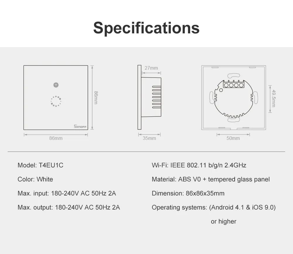 SONOFF T4EU1C Wifi настенный сенсорный выключатель 1 комплект ЕС без нейтрального провода необходимые переключатели умный Однопроводной настенный переключатель работает с Alexa