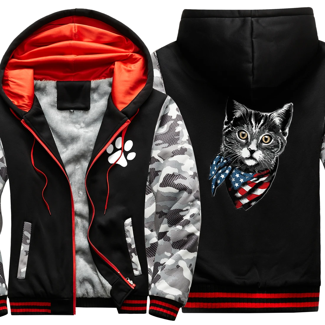 

Tie Cat Print Camouflage Mens Raglan Thicken Jackets 2020 New Arrival Hoooded Dark Blue Fashion Clothing Retro Hipster Homme