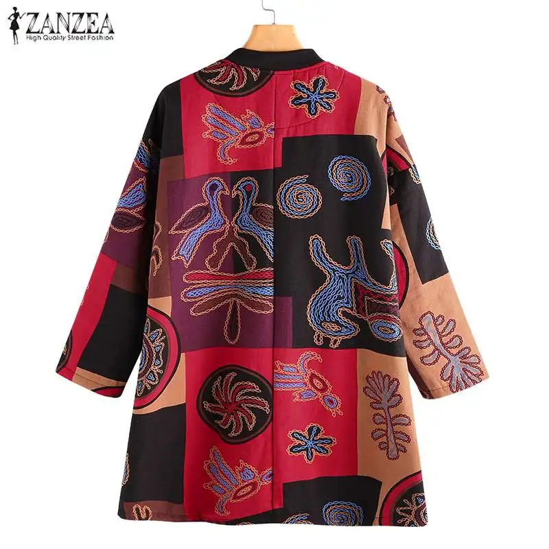 ZANZEA, женские теплые пальто с капюшоном, женские куртки с принтом, повседневные куртки на молнии, флисовая верхняя одежда с длинным рукавом, Chaquta Casaco 5XL