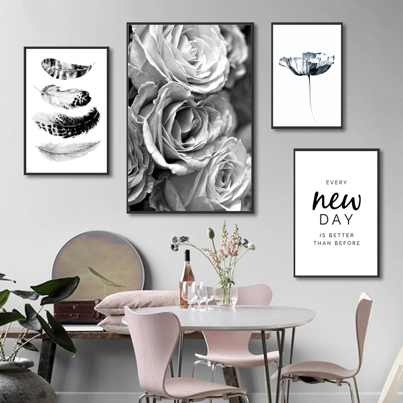 Black-and-White-Wall-Art-Rose-Flower-Canvas-Painting-Feather-Quote-Posters-and-Prints-Minimalist-Pictures