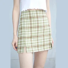 Опрятная плиссированная мини-юбка, Женская клетчатая юбка с высокой талией, винтажные милые клетчатые юбки-карандаш, Короткие Облегающие юбки с разрезом