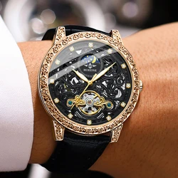 MOHDNE Reloj de pulsera para hombre, accesorio mecánico automático, resistente al agua, con espejo de cristal recubierto de estilo británico, Tourbillon, sol, luna y estrella