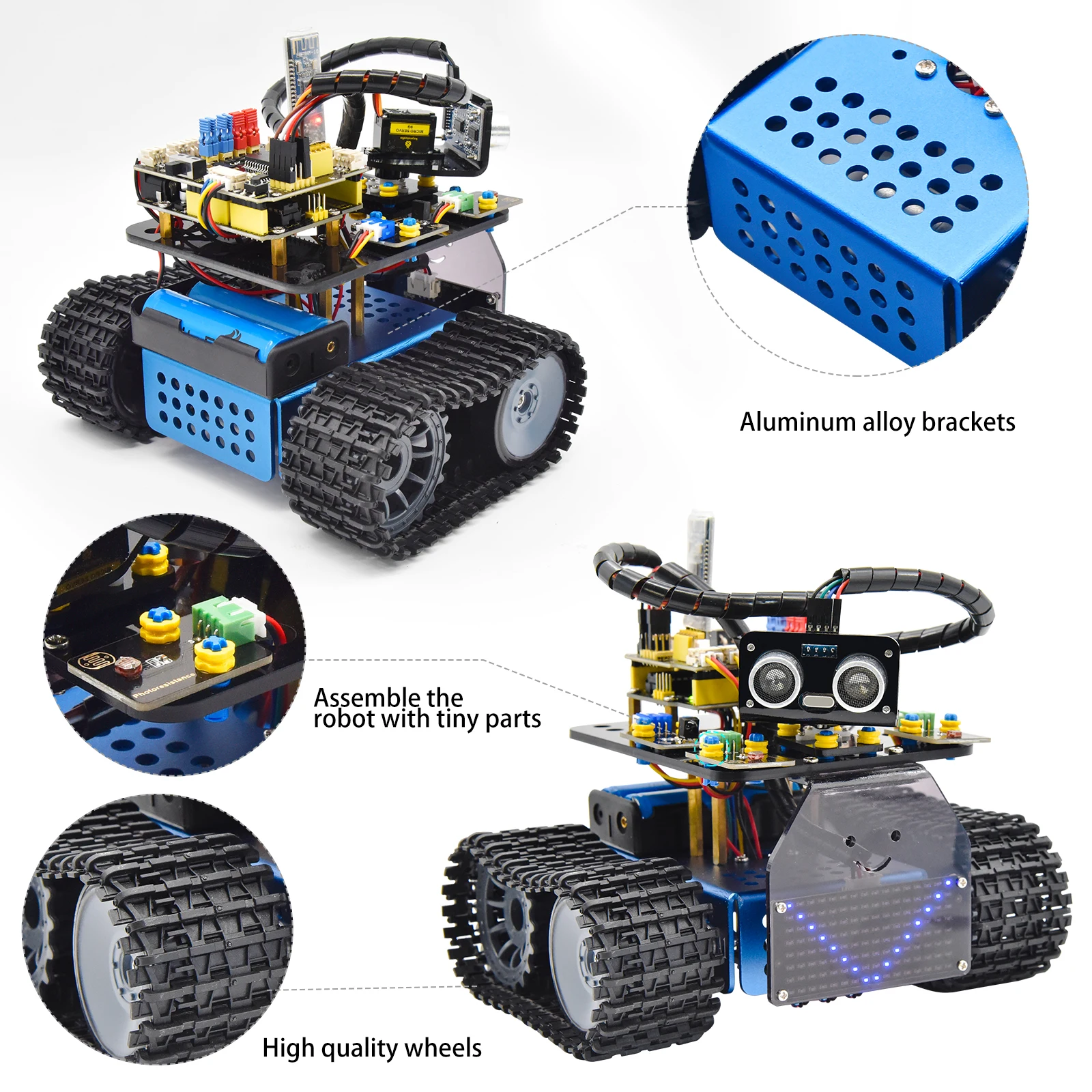 Robot Tank V3.0 STEM Éducatif programmable, montrant ses modules électroniques et sa structure en métal.