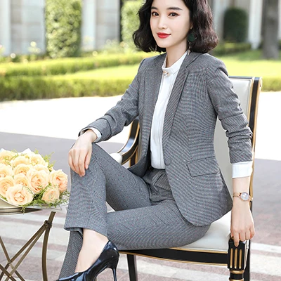 Plaid Pant Suit Женский клетчатый брючный костюм S-4XL повседневный костюм высокого качества с длинным рукавом клетчатая куртка и брюки - Цвет: Plaid Pant Suit