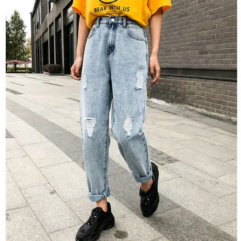 Jeans Rasgados Para Damas Casual Pantalones Vaqueros De Cintura