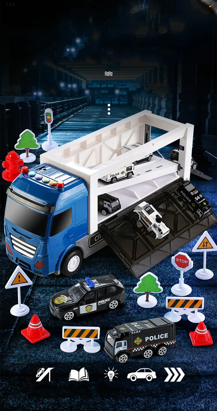 Детская музыкальная история игрушечного грузовика, дорожный автомобиль, комплект с 6 Мини-игрушечными машинами, дорожные знаки, светодиодный фонарь, детская Коллекционная дорожка