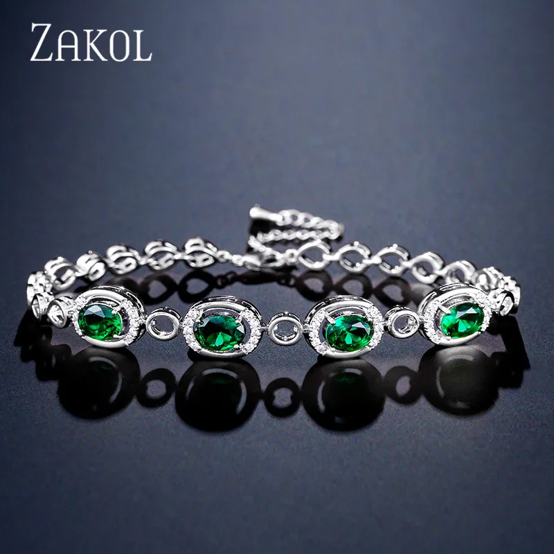 ZAKOL, модные, синие, зеленые, овальной формы, кубический цирконий, звенья цепи, браслеты для женщин, свадебные, вечерние, свадебные ювелирные изделия FSBP2116 - Окраска металла: Green