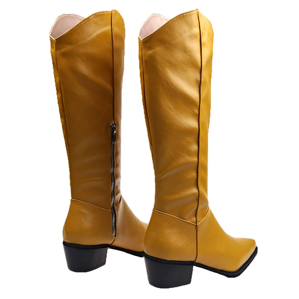 Women's leather boots Pointed Toe Low-heeled Casual knee high boots Keep Warm Tassel Zipper winter boots zapatos de mujer