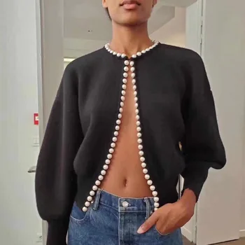 

Spring New Knitted Cardigan Round Neck Pearl Border Retro Knitted Sweater Long-sleeved Cardigan Sweater Fashion Women Pullover