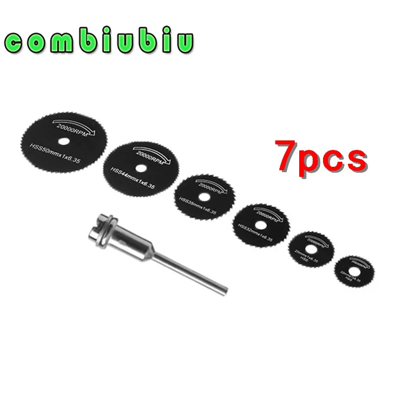 

Combiubiu 7pcs 22/25/32/35/44/50mm Metal HSS Circular Saw Blade Steel Woodworking Cutting Discs +1 Rod For Dremel Rotary Tool