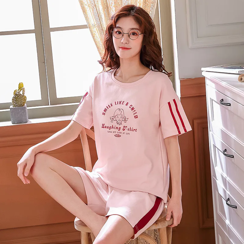 

X1902 # Lettered GIRL'S Head Pullover LZ Short Sleeve Shorts Pajamas Homewear Set Series