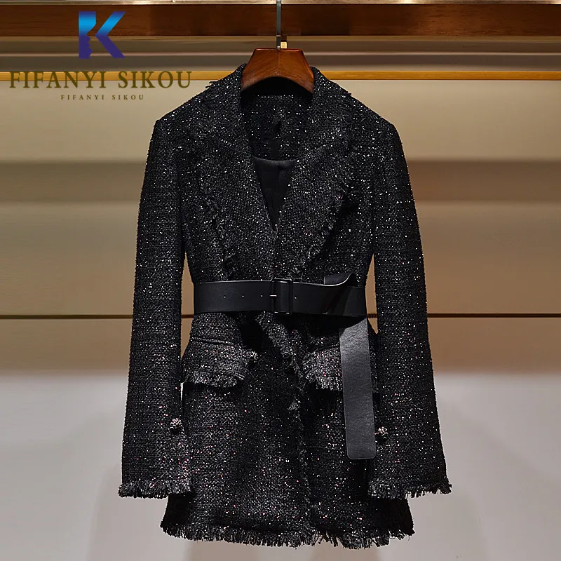 2020 Autumn Winter Women Blazer Jacket Designer Fashion Single Breasted Belt Black Suit Lady Elegant Formal Blazers Coat | Женская