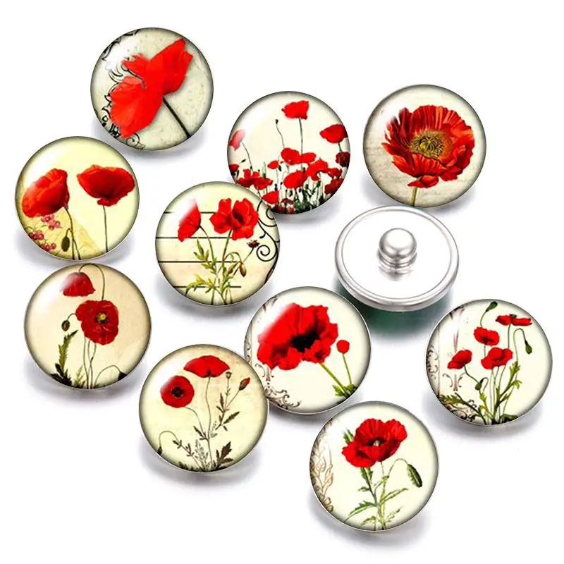 

Flowers Rose Daisy Lily patterns 18mm snap buttons 10pcs mixed round photo glass cabochon style for snap button jewelry