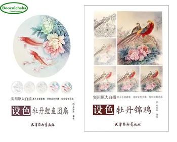 

Practical large size line drawing Gongbi book :Color peony squid fan +Coloured peony golden chicken ,41.6 x 28.2 cm
