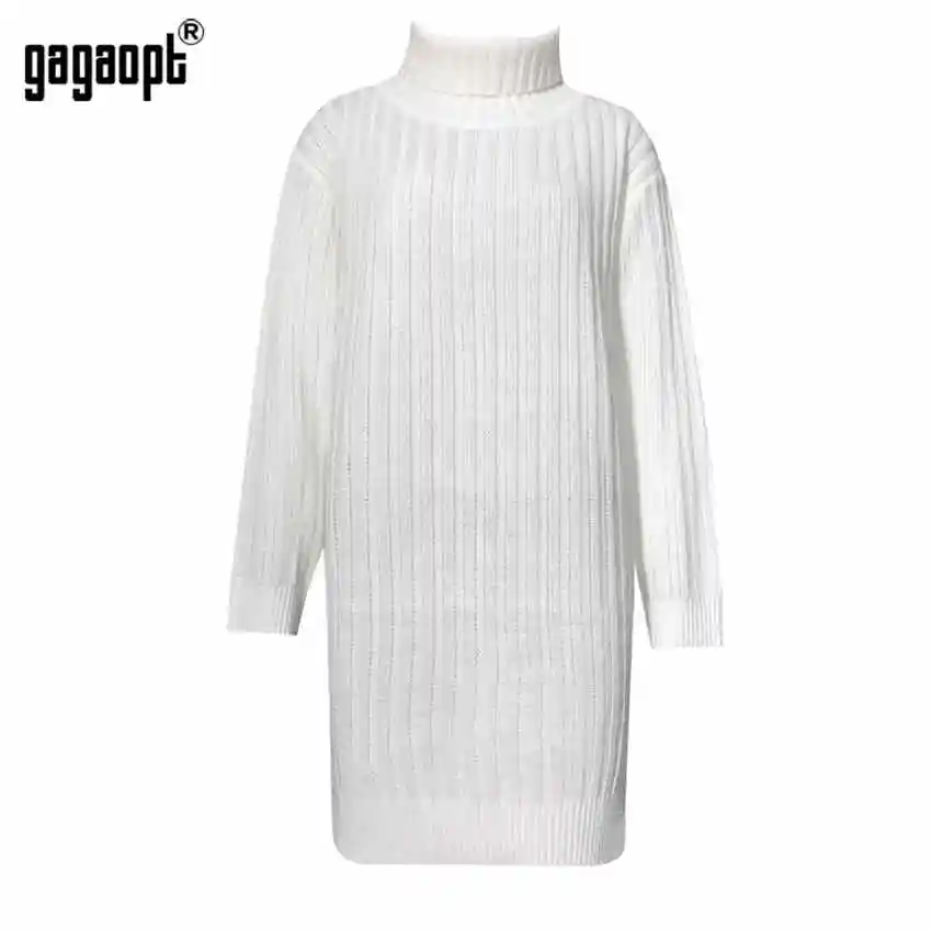 Gagaopt, длинные свитера, платье для женщин, свободные, в полоску, с разрезом, вязанные, водолазка, пуловер, свитера, зимние - Цвет: Белый