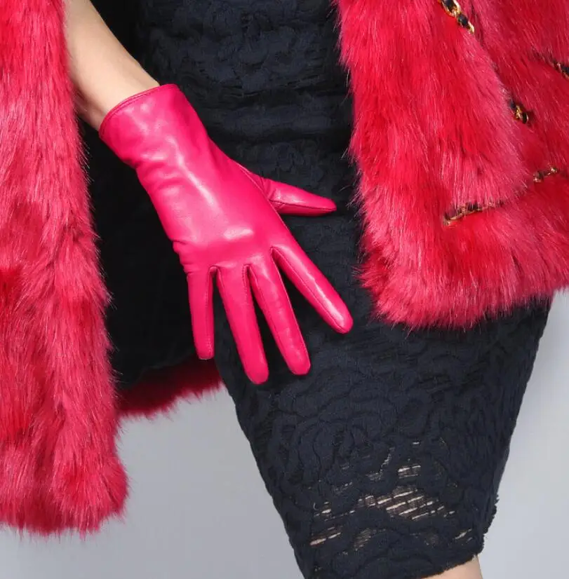 Women's autumn winter fleece lining thicken warm natural goat leather glove lady's genuine leather short driving glove R2095
