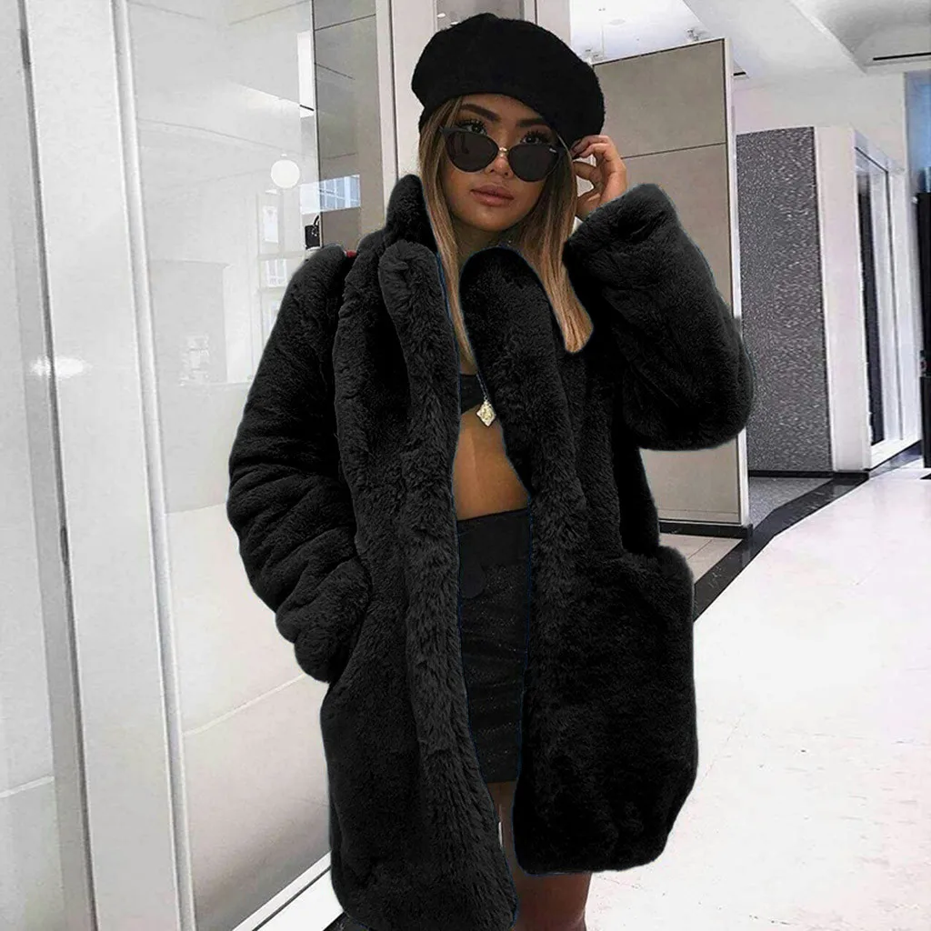 Winter Women Faux Fur Coat Solid Long Sleeve Jacket Cardigan Pock Overcoat Warm Outwear Yellow Pink Blue Wine Black Fur Coat