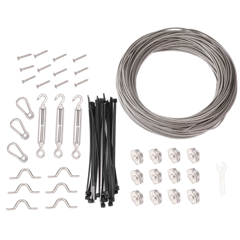 BLIKA Globe String Suspension Hanging Kit Include 164ft Transparent Vinyl Coated 304 Stainless Steel Cable Turnbuckle and Hooks. Outdoor Light Guide Wire Upgrate Versio, Silver 