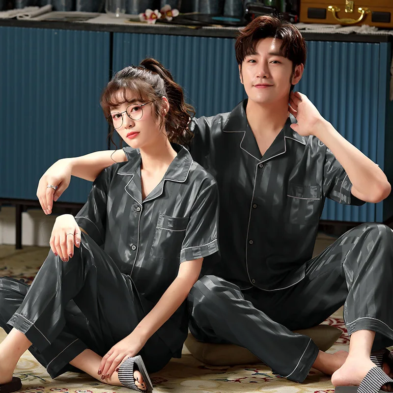 

Stripe Nightwear Lovers Satin Pajamas Set 2PCS Shirt&Pants Sleepwear Nightgown Casual Kimono Bath Gown Couples Home Clothes