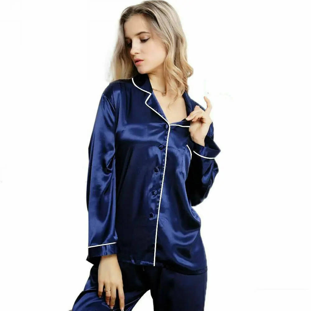 Deep Blue Женский Шелковый Атласный пижамный комплект, Пижама, одежда для сна, домашняя одежда - Цвет: Deep Blue