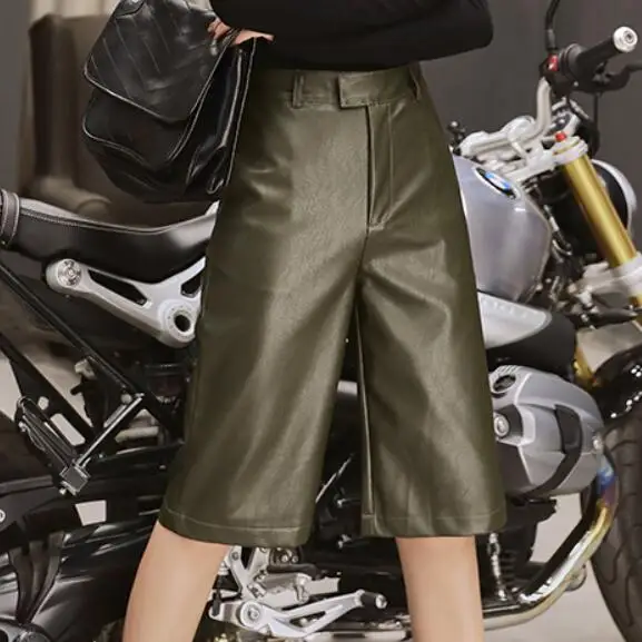 spring autumn fashion ankle length pu pants women high waist wide leg pants