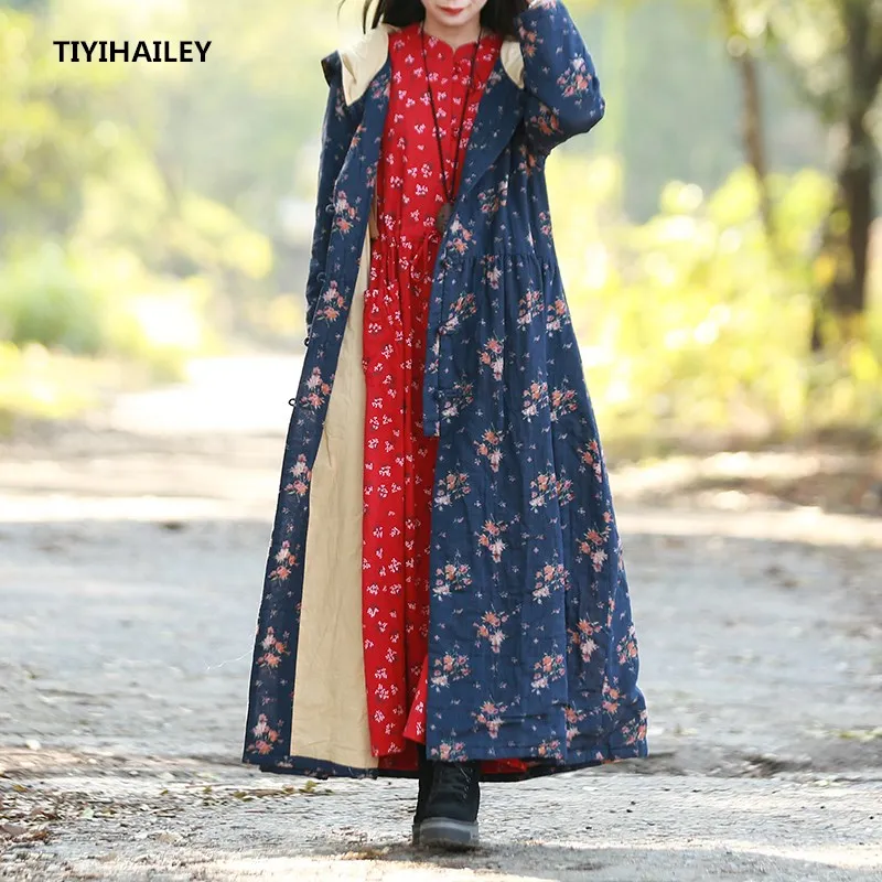 TIYIHAILEY Free Shipping Vintage Cotton Linen Coat Women Flower Loose Chinese Style Outerwear Long Sleeve Maxi Hooded Dresses