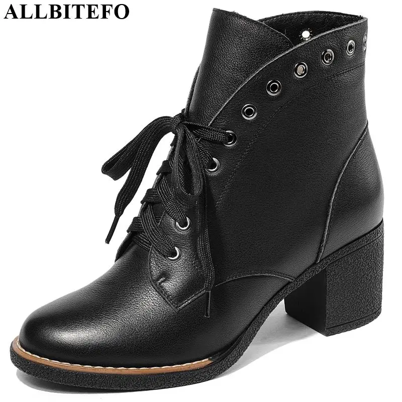 

ALLBITEFO natural genuine leather women boots comfortable breathable fashion ankle boots Autumn Winter Frenulum Martin boots