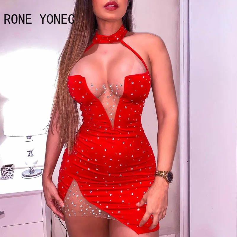 corto de malla con escote triangular para mujer, vestidos sexis de pico y espalda descubierta, con diamantes de imitación y cuello Halter - AliExpress Ropa de mujer