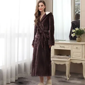 

Home Hooded Long Sleeve Dressing Gown Elegant V Neck With Pocket Women Robe Ladies Waist Tie Warm Daily Autumn Winter Solid
