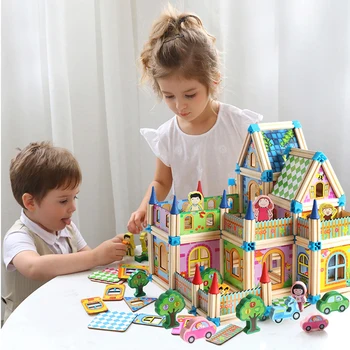 

Wooden Construction Building Model Building Blocks Children's Intelligence Building Block Toy Wood Block Gift Kid128/268pcs