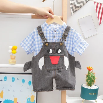 

Fashion Boys Overalls Summer Casual Thin Plaid Cool Cartoon Denim Overalls Green Plaid Short-sleeved Shirt Kids Clothing Sets