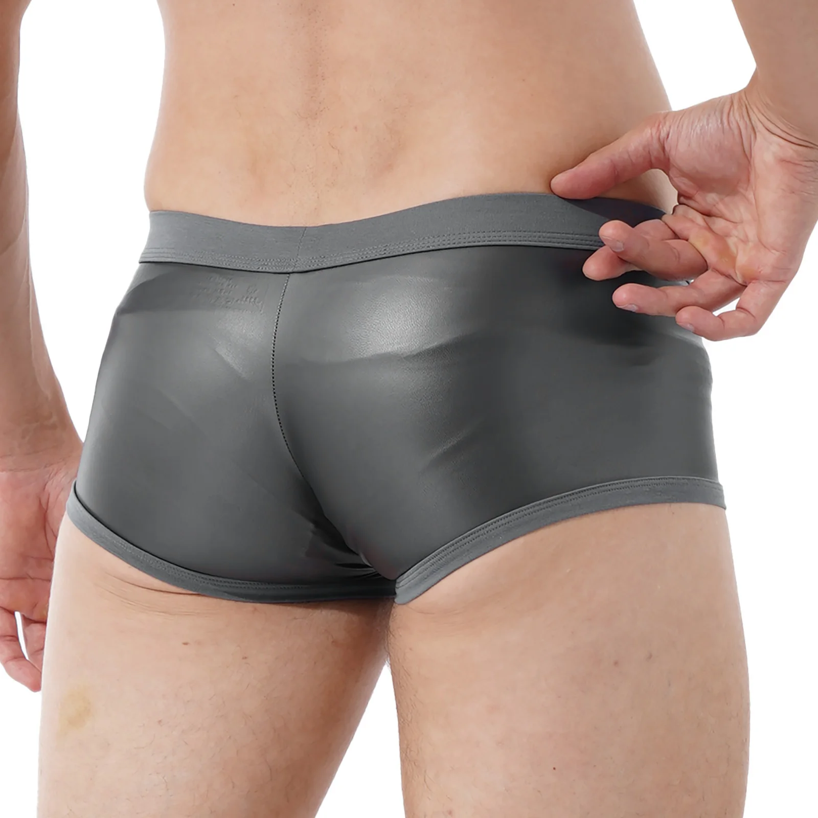 Swim Trunks TiaoBug Men Low Waist Faux Leather Boxer Shorts Sports Swimming Trunks Bulge Pouch Elastic Waistband