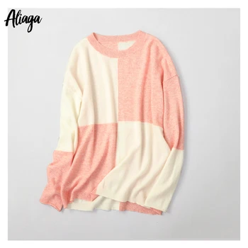 

Aliaga Korean Fashion Ladies Cashmere Jumper High Quality 100% Cashmere Sweater For Women Knit Patchwork Loose Knitwear