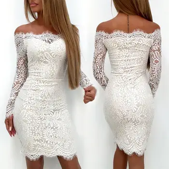 

Women Sexy Off Shoulder Lace Long Sleeve Bodycon Party Cocktail Mini Dress