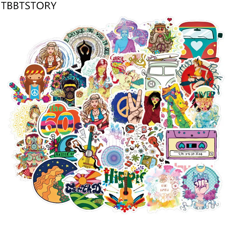 50Pcs Hippie Graffiti Sticker for Guitar Suitcase Luggage Phone Laptop Skateboard Bicycle Motorcycle Car Waterproof Stickers