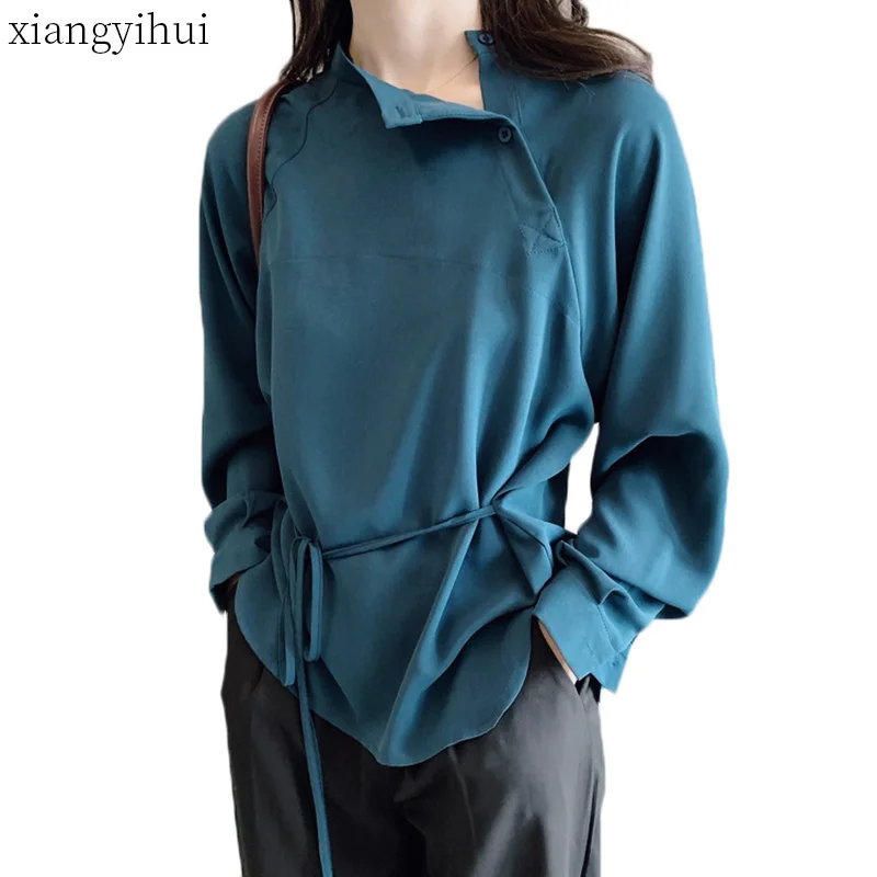 

2019 Casual Autumn Loose T-shirt Women Spring Sashes Long Sleeve Regular Chic Style Tshirts Ladies Office Work Tops Blue Beige