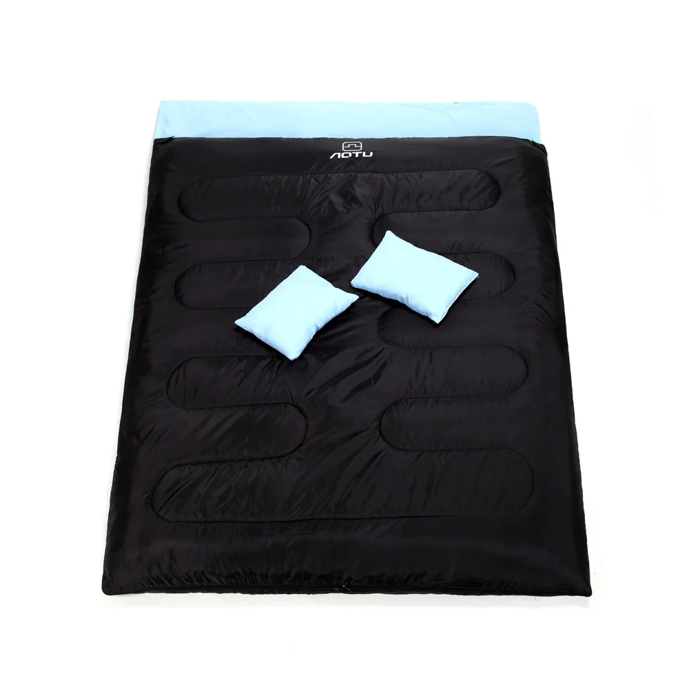 86"x60" Double Thermal Sleeping Bag 450g/m2 hollow fiber 2 Person Outdoor Camping Hiking Sleeping Bag with 2 Pillows