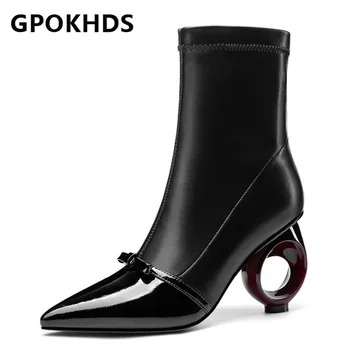 

GPOKHDS 2021 women Ankle boots Cow leather Winter short plush Pointed Toe Zipper Butterfly-knot High heels female boots size 40