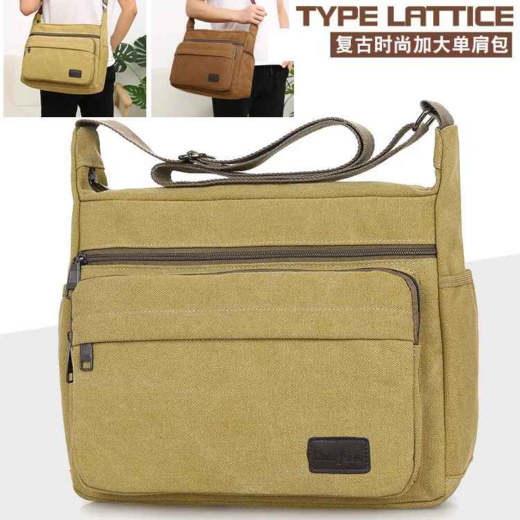 

New Style Korean-style Men Casual Shoulder Bag Multilayer Multi-Zipper Shoulder Bag Retro Washing Canvas Bag