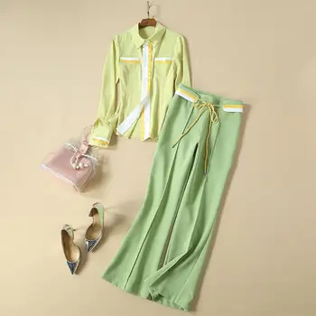 

New Summer Fashion Stunning Quality Women Twin Sets Blouse Wide-leg Pants High Street Runway Pants Suit Outfits