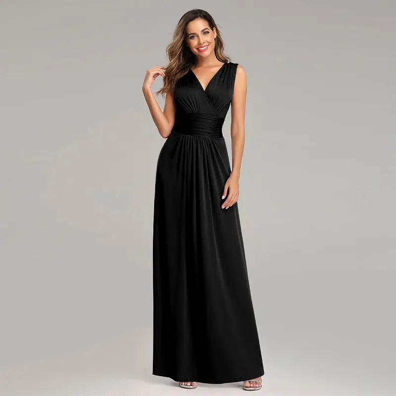 Beauty Emily Flexible V Neck Chiffon Evening Dresses Long Sleeveless Plus Size Open Back Pleated Formal Prom Gowns for Party