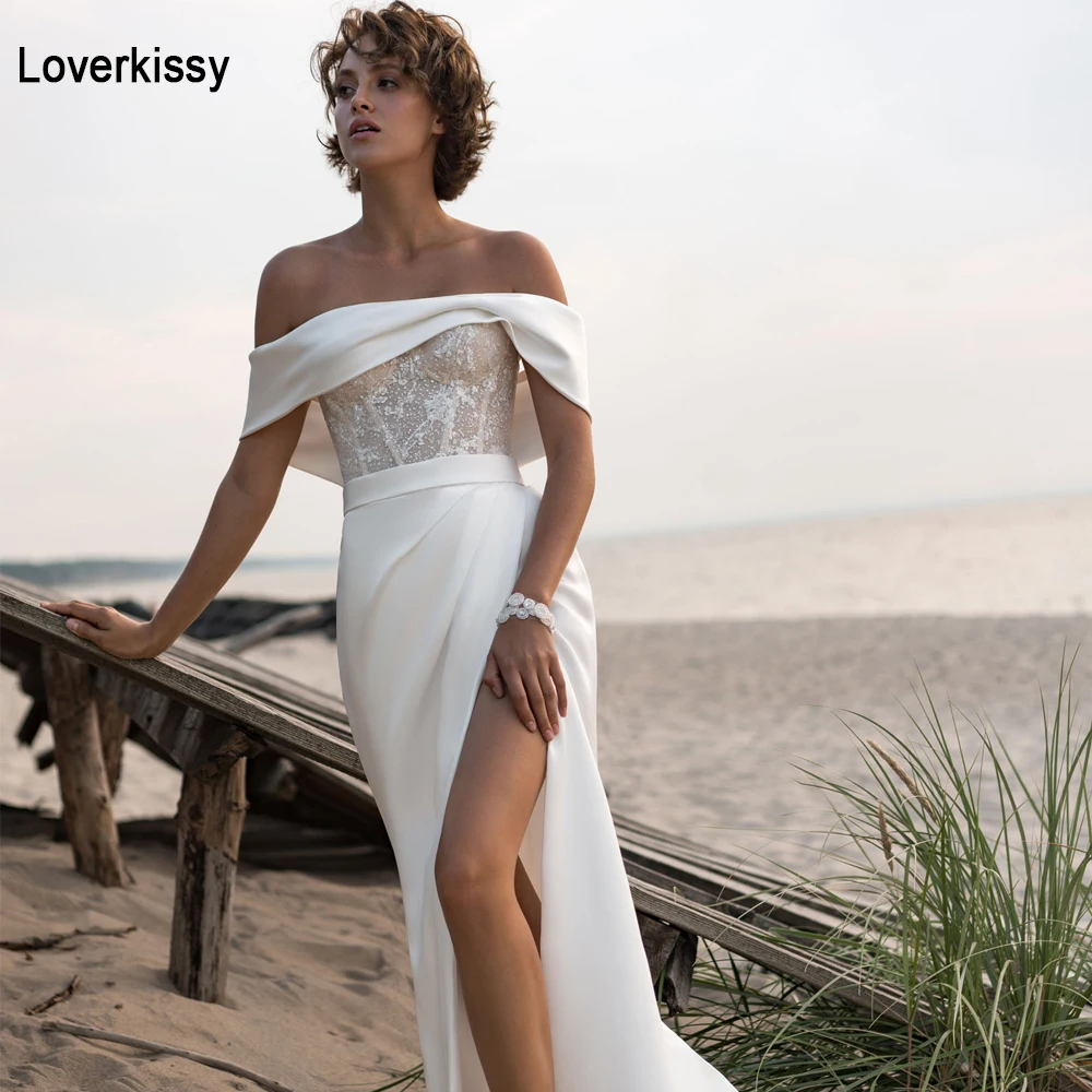 

Атласное свадебное платье-Русалка Loverkissy с открытыми плечами и высоким разрезом, пляжные свадебные платья с открытой спиной, Современные платья