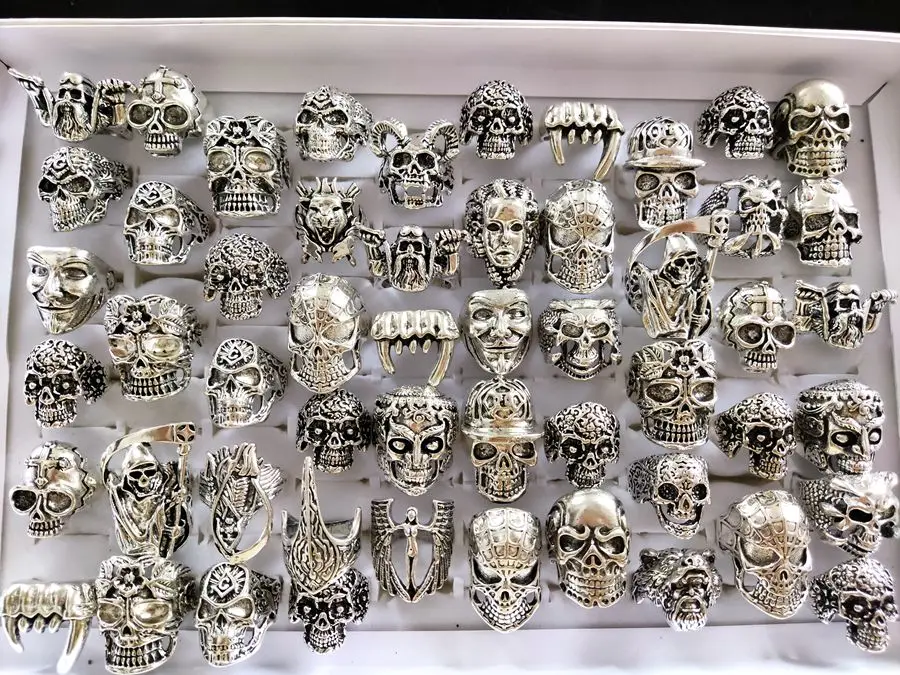 20pcs/lot Retro Big Head Exaggerated Gothic Skull Men Ring Punk Rocker Male Fashon Skeleton Rings Wholesale Lots 2