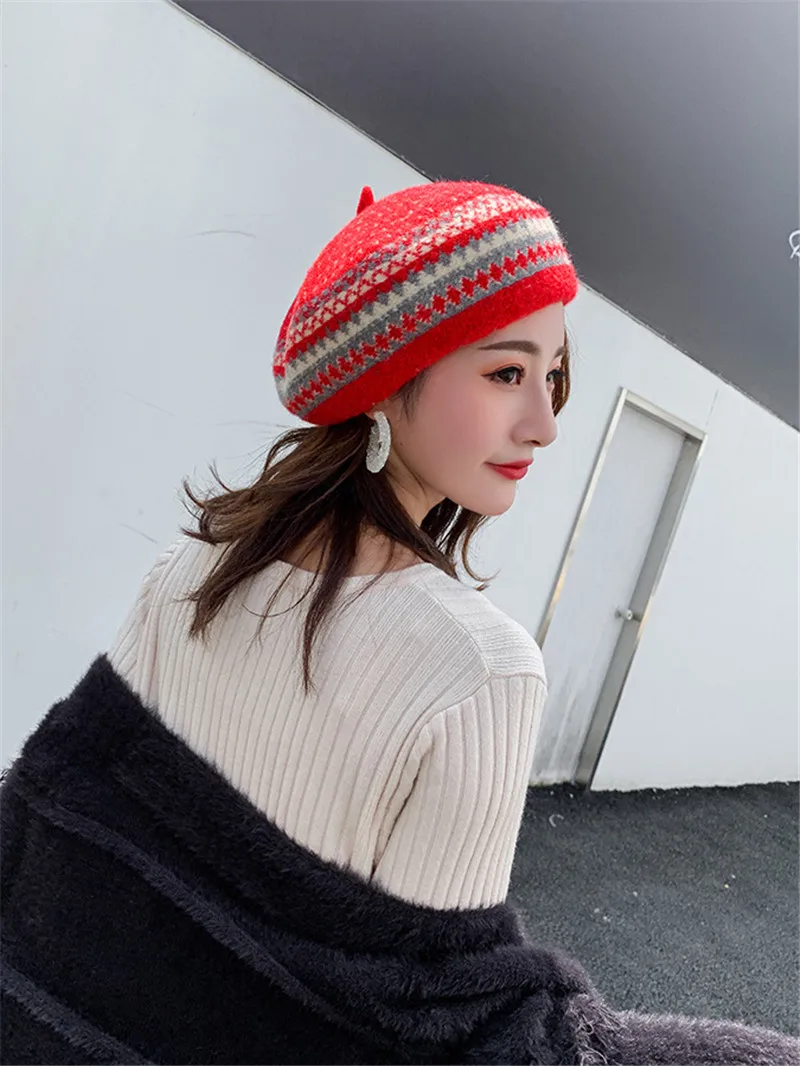 USPOP новые женские шерстяные модные береты толстые зимние шапки женские регулируемые Геометрические жаккардовые береты
