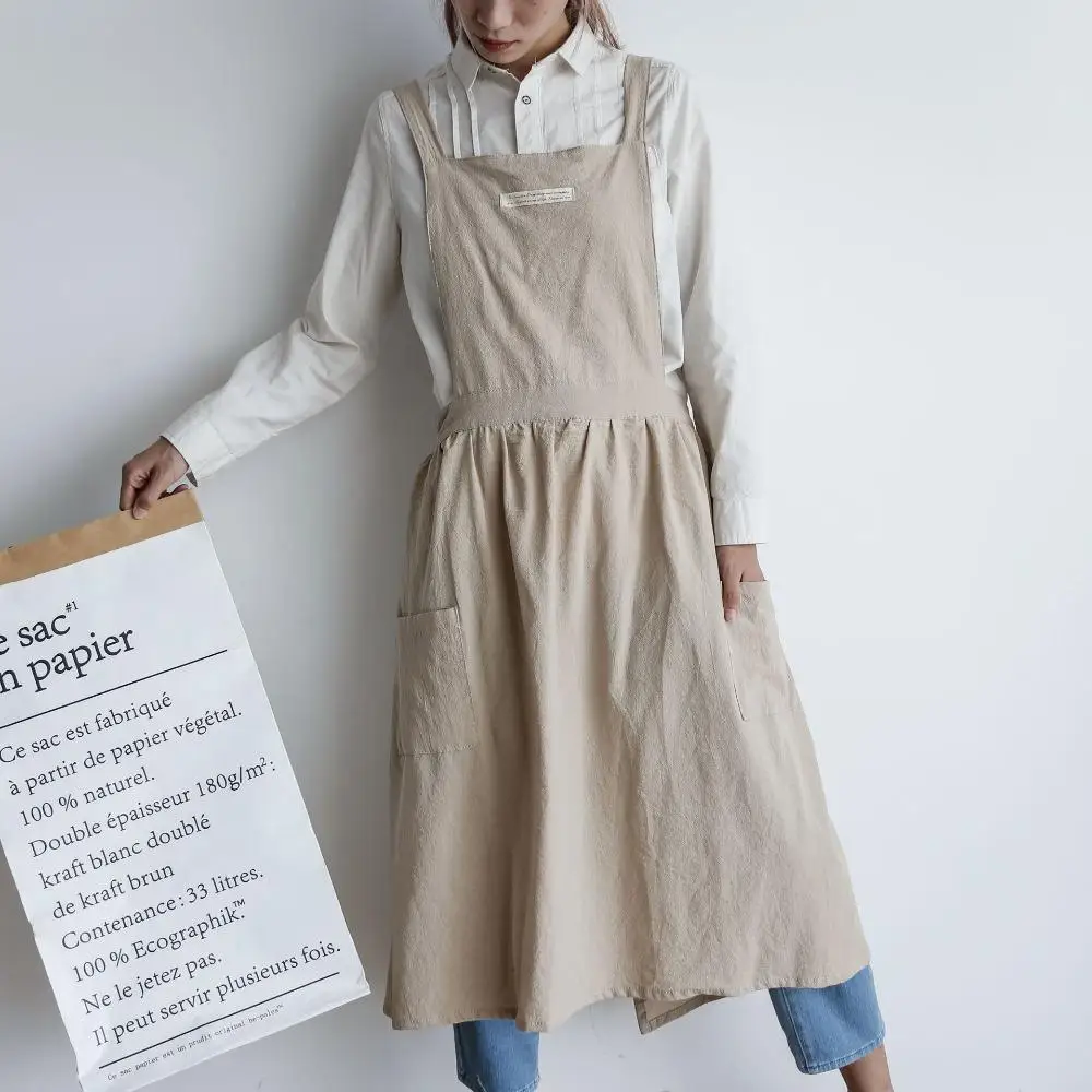49 New Pleated skirt cotton linen apron Women Cooking Kitchen Work Uniform and flower shop apron for woman long dress smock